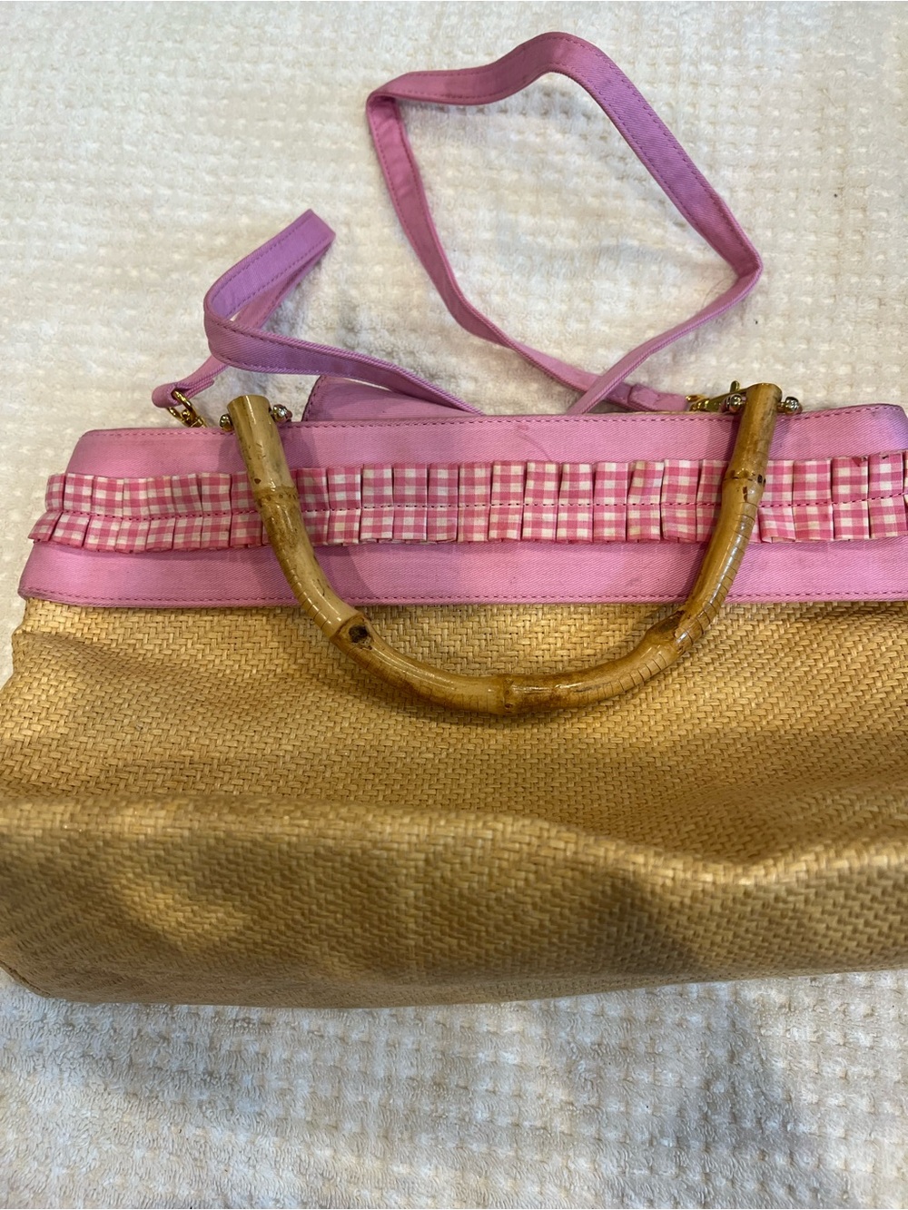 Pink Trim Straw Tote Bag with Bamboo Handles